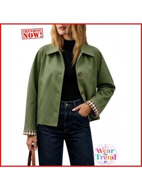 Crop Trench Coat Plaid Lining Button Down Jacket Pockets